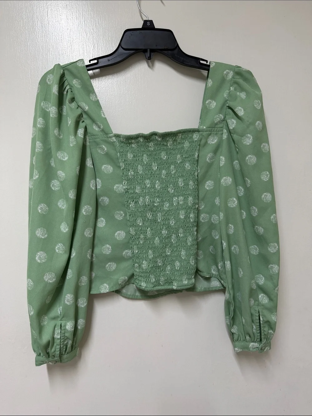 Zara Sage Green Polka Dot Square Neck Puff Sleeve Blouse